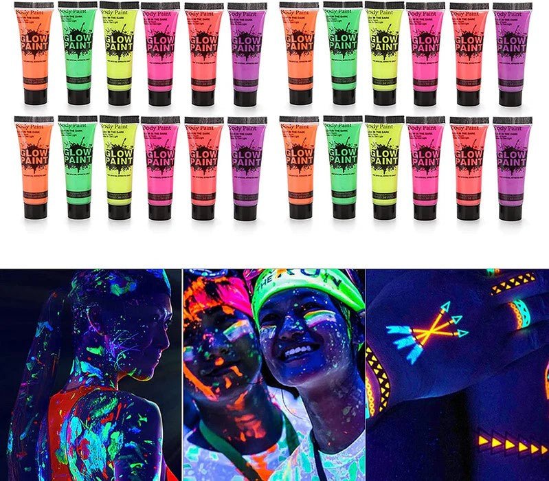 24 Tubes UV Glow Neon Face Body Paint Black Light Fluro Party Glow in Dark - Office Catch