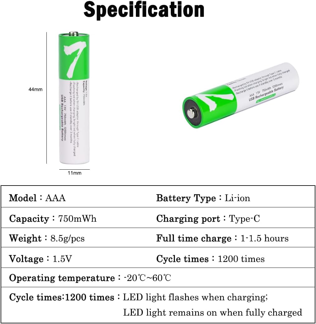 [4 Pack] USB AAA Lithium ion Rechargeable Battery, 1.5V 750mWh Rechargeable AAA Battery - Office Catch