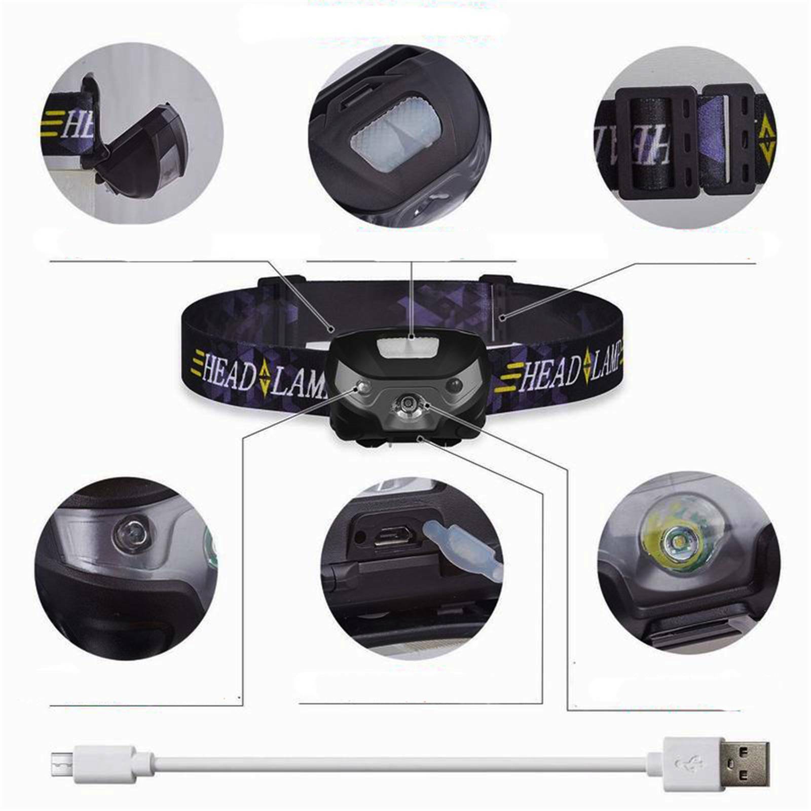 Rechargeable LED Head Torch Headlight Lamp CE Camping Induction Headlamp USB - Office Catch