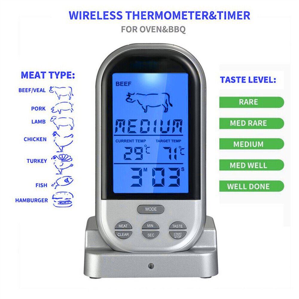 Digital Wireless Food Meat Oven BBQ Thermometer Remote Probe Cooking Set Grill - Office Catch