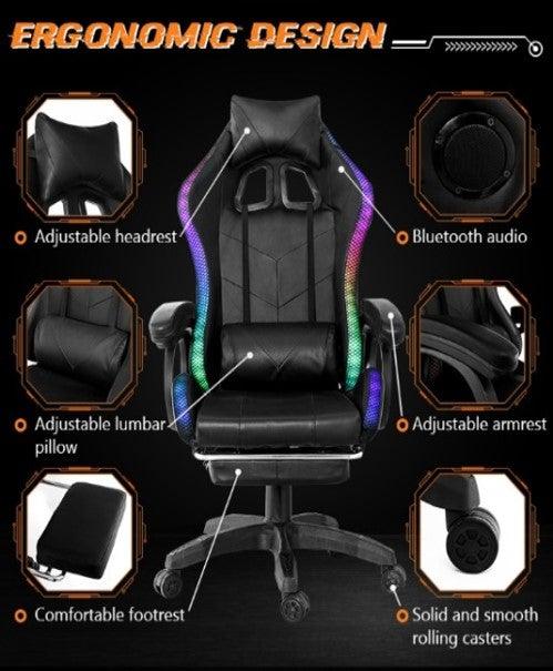 Gaming Racer Chair With LED Lighting, Reclining Swivel, Heavy Duty, Office PC Chair With Built In Speakers - Office Catch