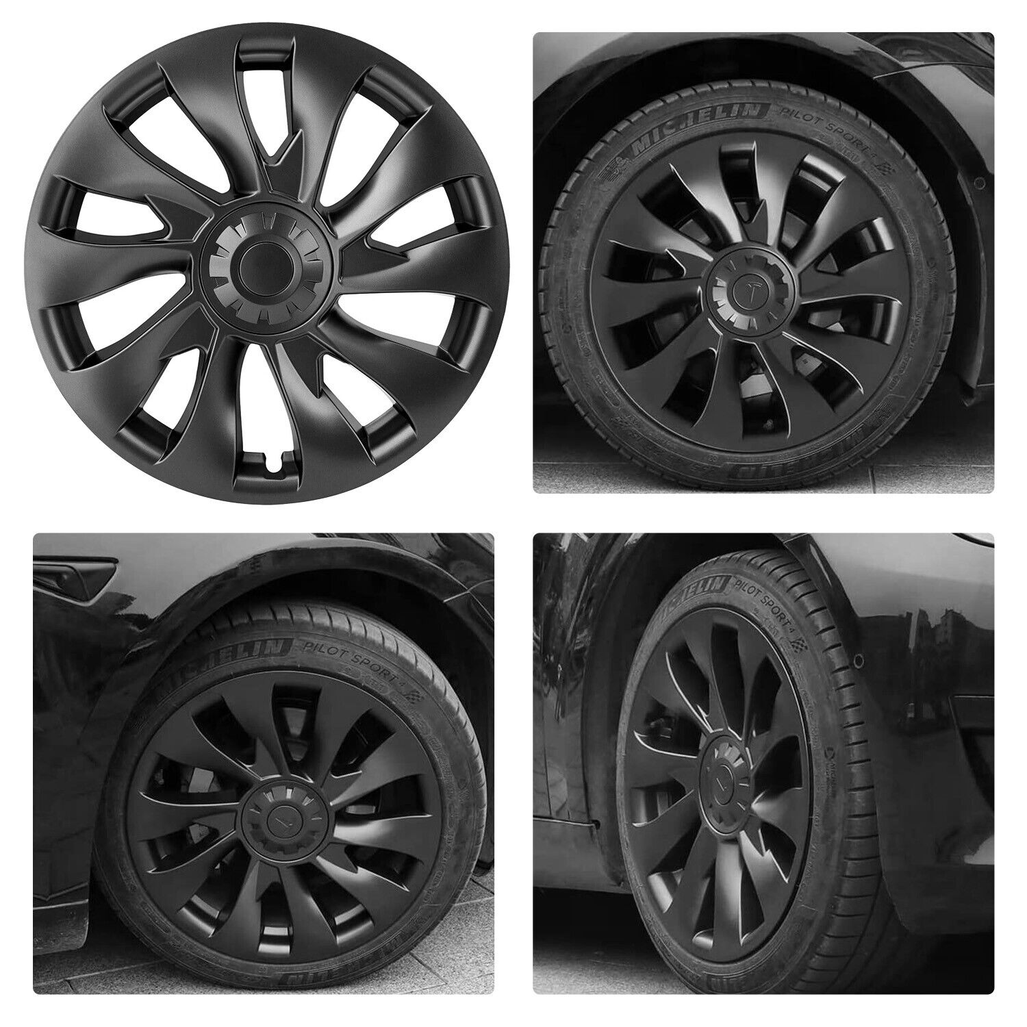 Set of 4 Tesla Model 3 Wheel 18" Hub Cap Replacement Rim Cover - Matte Black - Office Catch